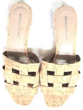 Donald J Pliner NEW kitten-heel beige-gold cork leather slide sandals US9.5=EU40